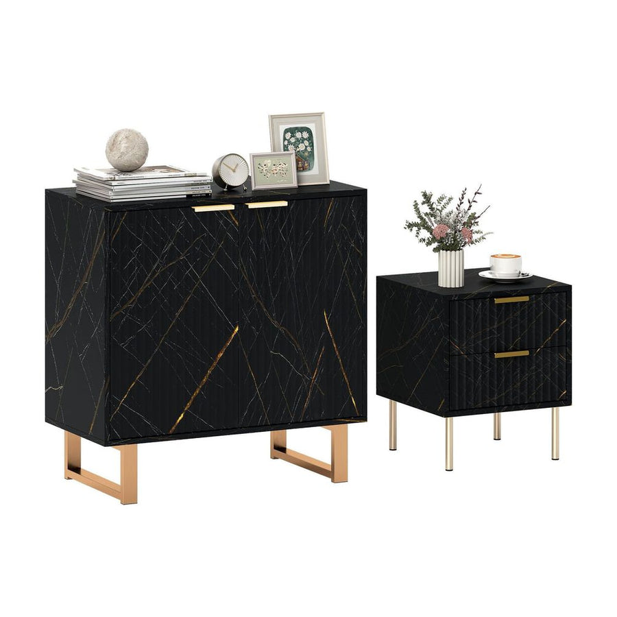 HOMCOM Sideboard, Accent Cabinet with Marble Effect, Adjustable Shelf, Fluted Doors and Drawers, Black