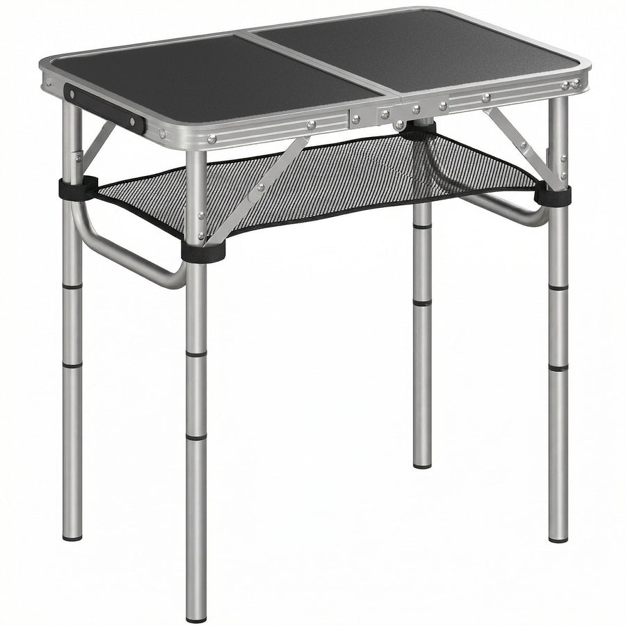Outsunny 2ft Folding Camping Table, Picnic Table with Mesh Storage Layer, 4 Adjustable Heights and Carrying Handle, Black