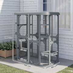 PawHut Catio Outdoor Cat Enclosure, Wooden Cat House with Platforms, Condo and Waterproof Cover for 2–3 Kittens, Grey