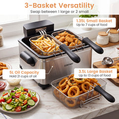 5L Electric Deep Fryer with 3 Baskets and LED Touch Screen for Kitchen-Silver
