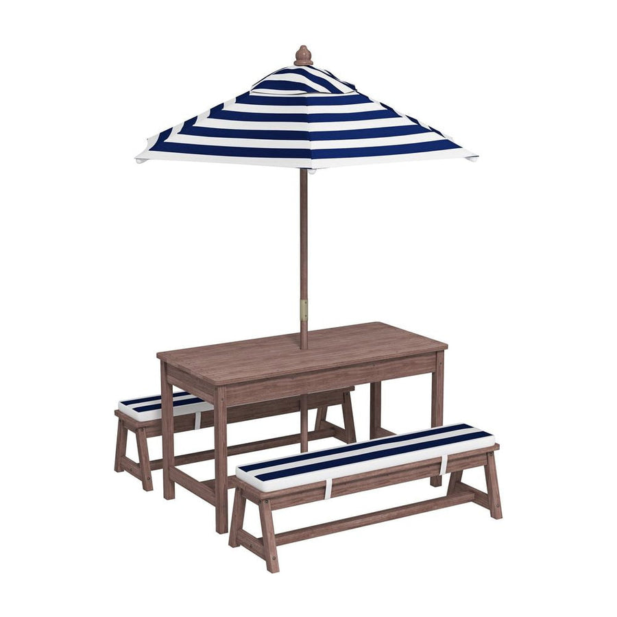 AIYAPLAY Outdoor Wooden Kids Picnic Table & Bench Set with Cushions and Umbrella, for Patio, Garden, Navy Blue