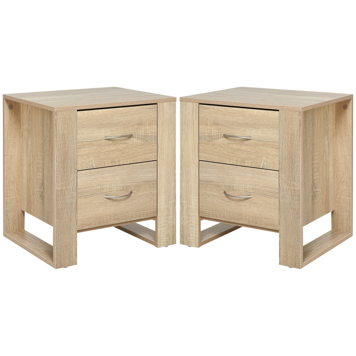 HOMCOM Bedside Table with 2 Drawers, Nightstand with Handles and Elevated Base, Side Table for Bedroom, Living Room, Set of 2, Brown