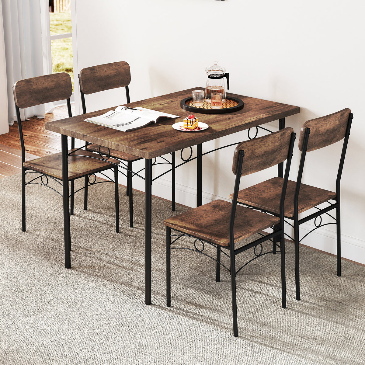 5-Piece Dining Table Set Industrial Metal Frame with Rectangular Table-Coffee