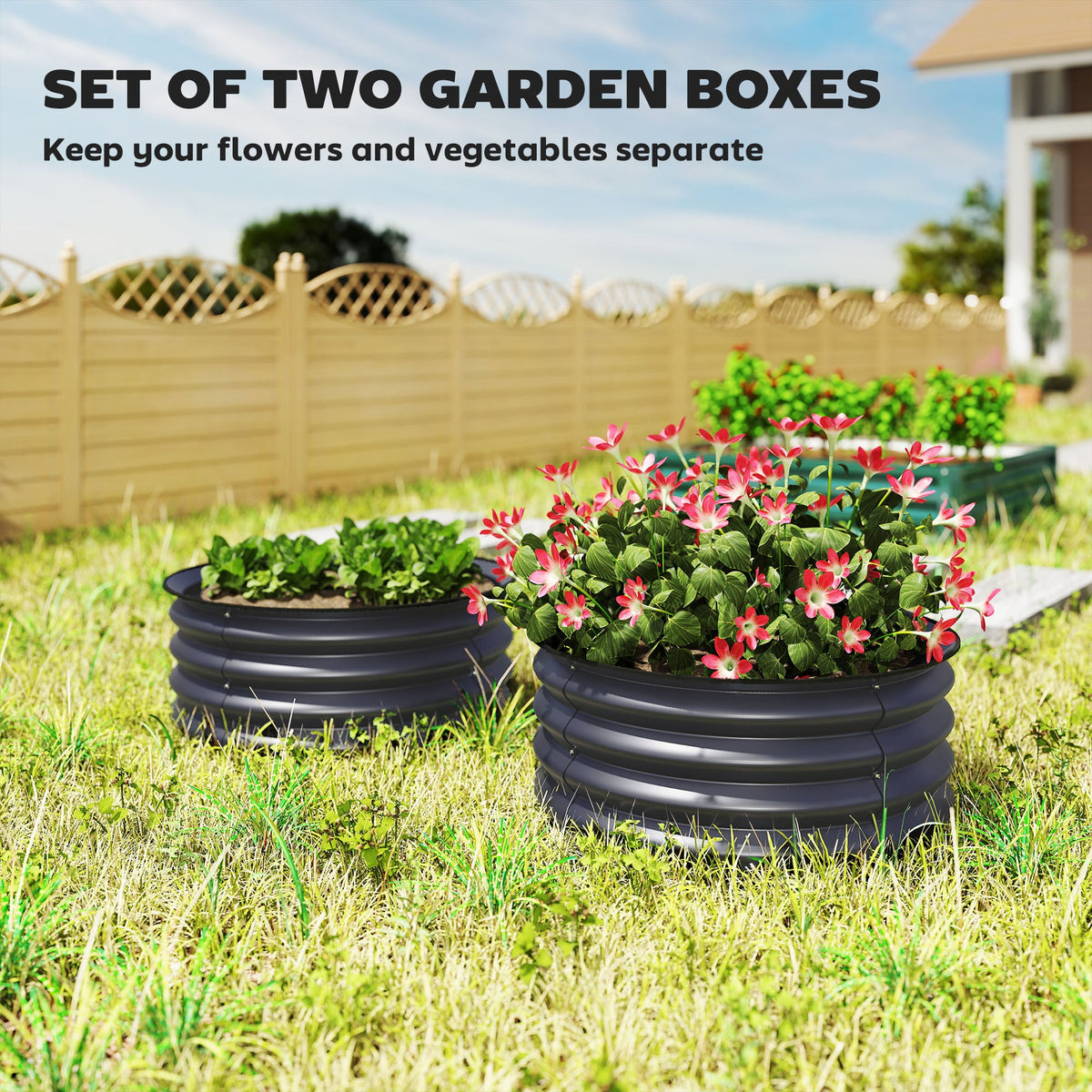 Outsunny Set of 2 Raised Garden Bed, Metal Planter Box with Safety Edging, Easy-to-assemble Stock Tank, Dark Grey