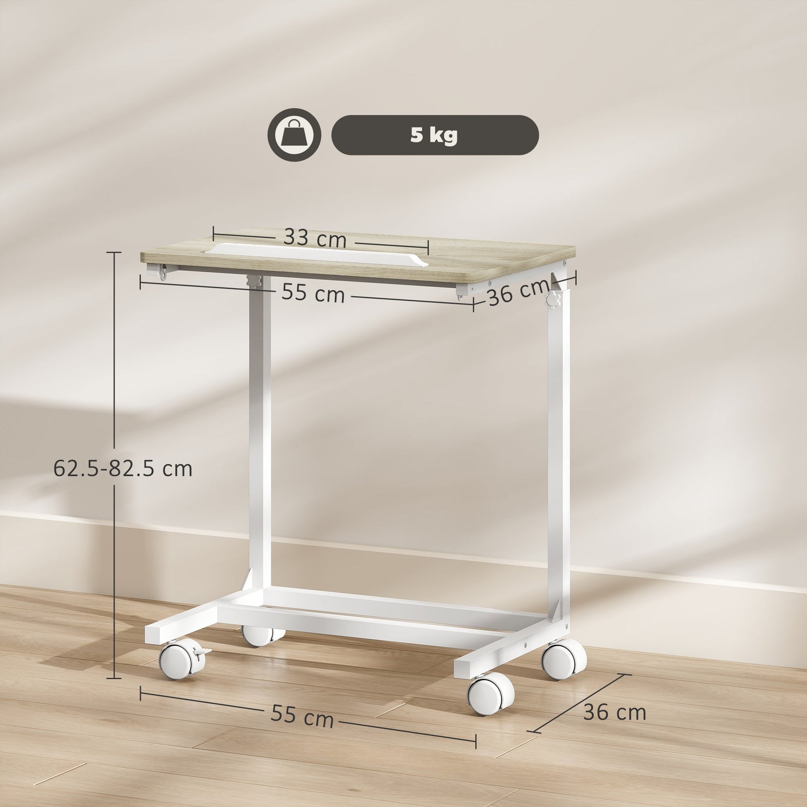 HOMCOM C-Shaped Sofa Side Table, Height Adjustable Overbed Table with Tilting Desktop, Mobile Laptop Desk for Living Room Bedroom, Oak and White