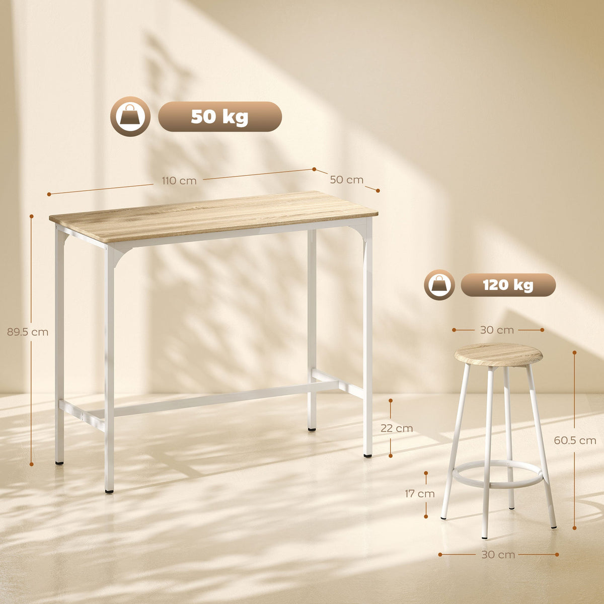 HOMCOM 5 Piece Bar Table Set for 4 with Stools, Metal Frame, Footrest for Kitchen Natural Wood