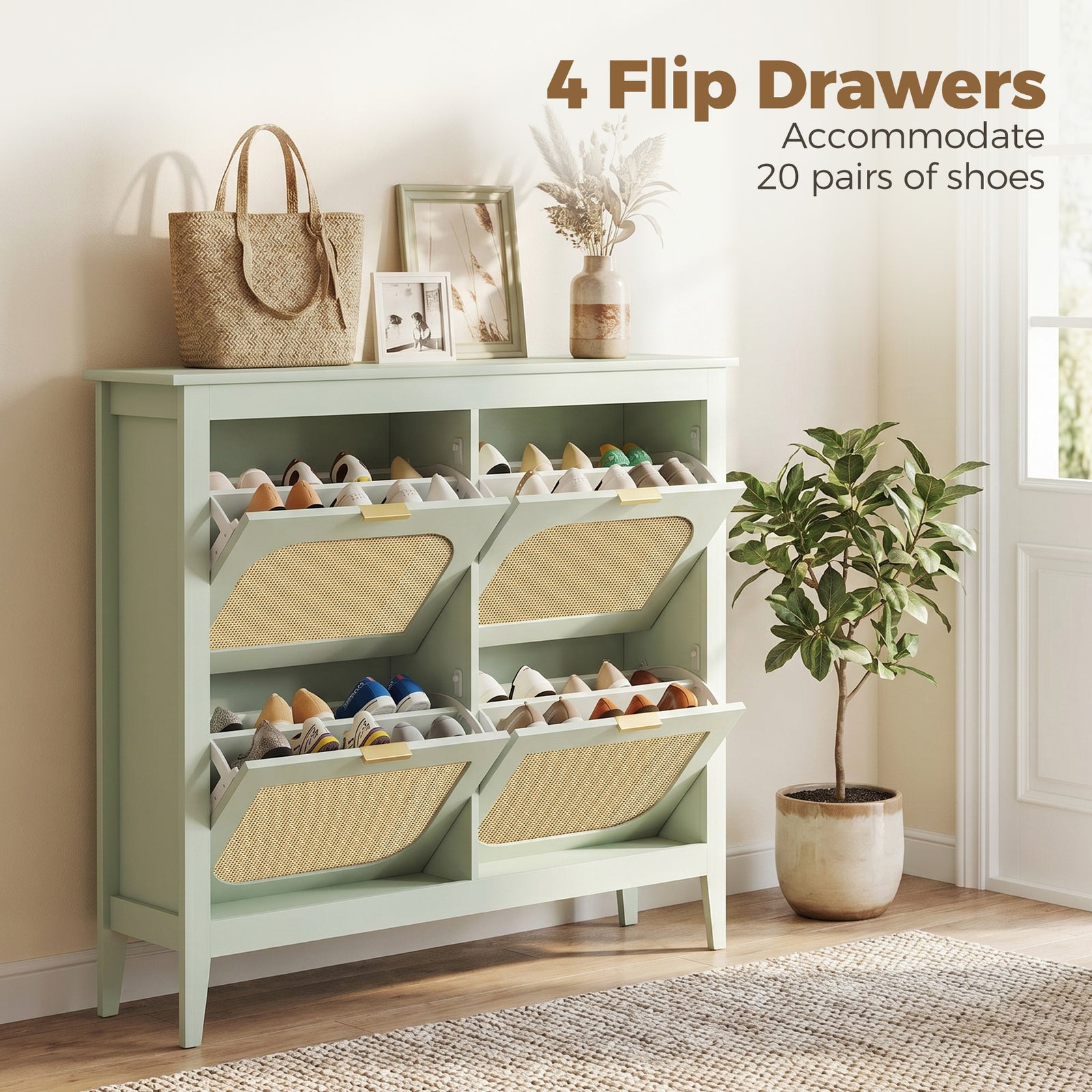 HOMCOM Narrow Shoe Cabinet, Boho Slim Shoe Storage Cabinet with 4 Flip Drawers, Holds 20 Pairs, Light Green