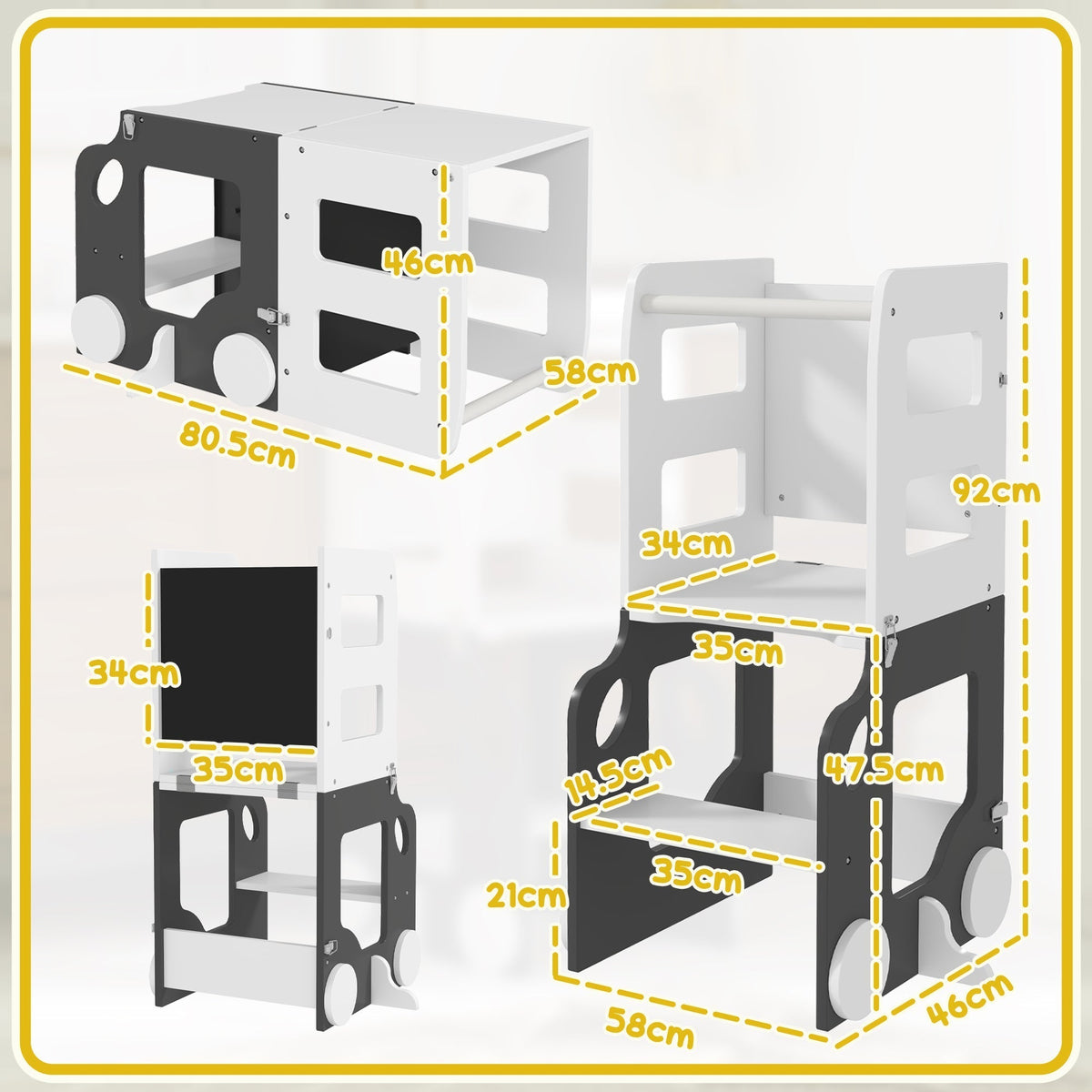 AIYAPLAY Toddler Step Stool, 4 in 1 Standing Tower, Foldable Toddler Step with Safety Rail, for Kitchen, Bathroom, Grey
