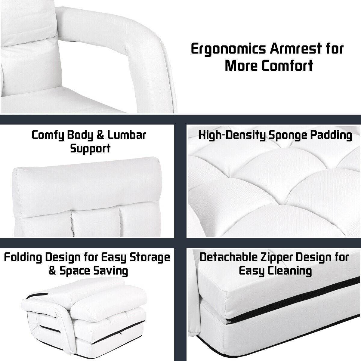Adjustable Folding Floor Lazy Chair with Pillow-White