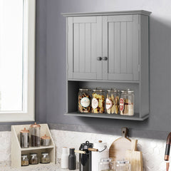 Grey wall cabinet with adjustable shelf in a kitchen, holding jars of food
