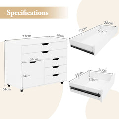 5-Drawer Chest with Door Mobile Chest of Drawers with 5 Casters-White