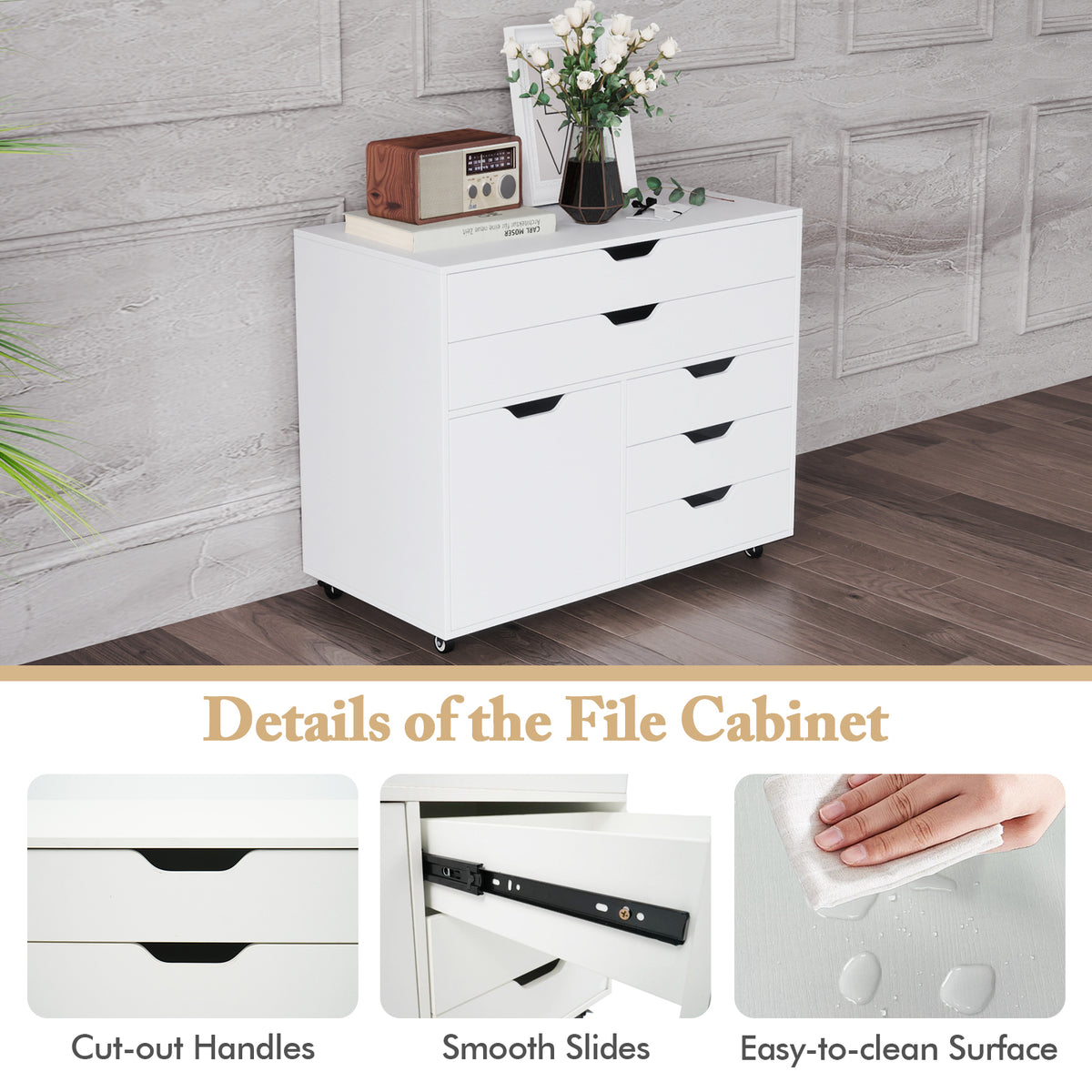 5-Drawer Chest with Door Mobile Chest of Drawers with 5 Casters-White