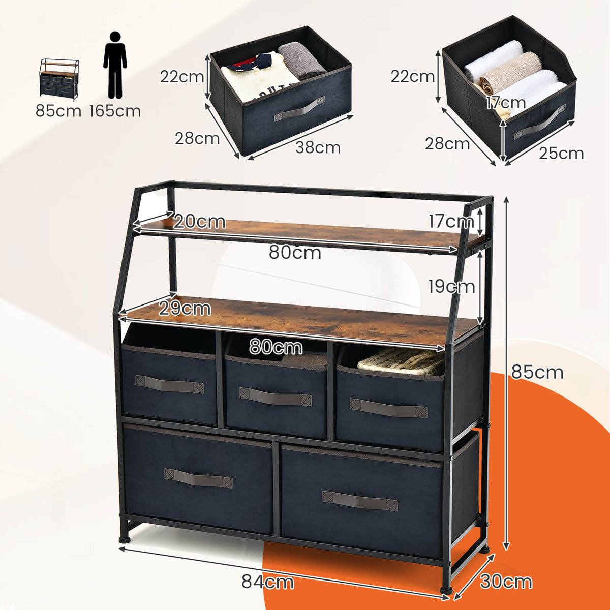 5 Drawers Dresser with Metal Frame and Anti-Toppling Devices-Brown