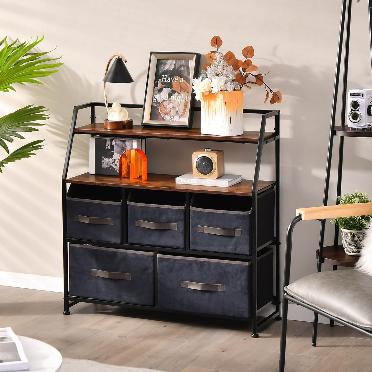5 Drawers Dresser with Metal Frame and Anti-Toppling Devices-Brown