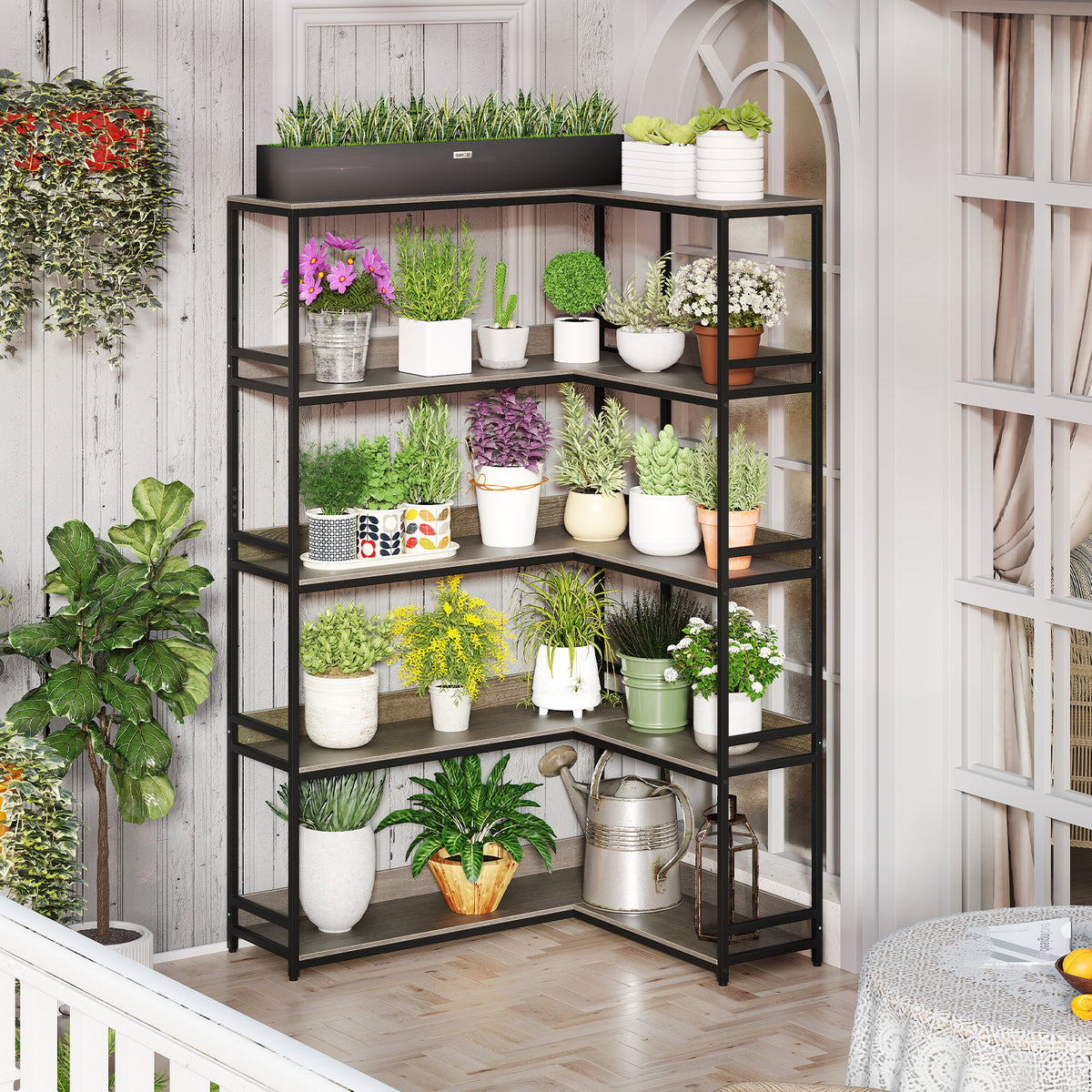 5-Tier Corner Bookshelf with Metal Frame for Living Room-Oak