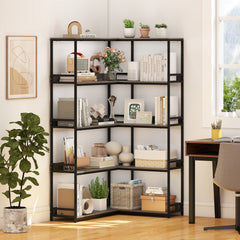 5-Tier Corner Bookshelf with Metal Frame for Living Room-Oak