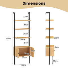 5-Tier Wall-Mounted Ladder Bookcase with Rattan Cabinet and Metal Frame-Natural