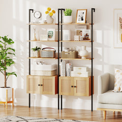 5-Tier Wall-Mounted Ladder Bookcase with Rattan Cabinet and Metal Frame-Natural