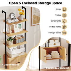 5-Tier Wall-Mounted Ladder Bookcase with Rattan Cabinet and Metal Frame-Natural