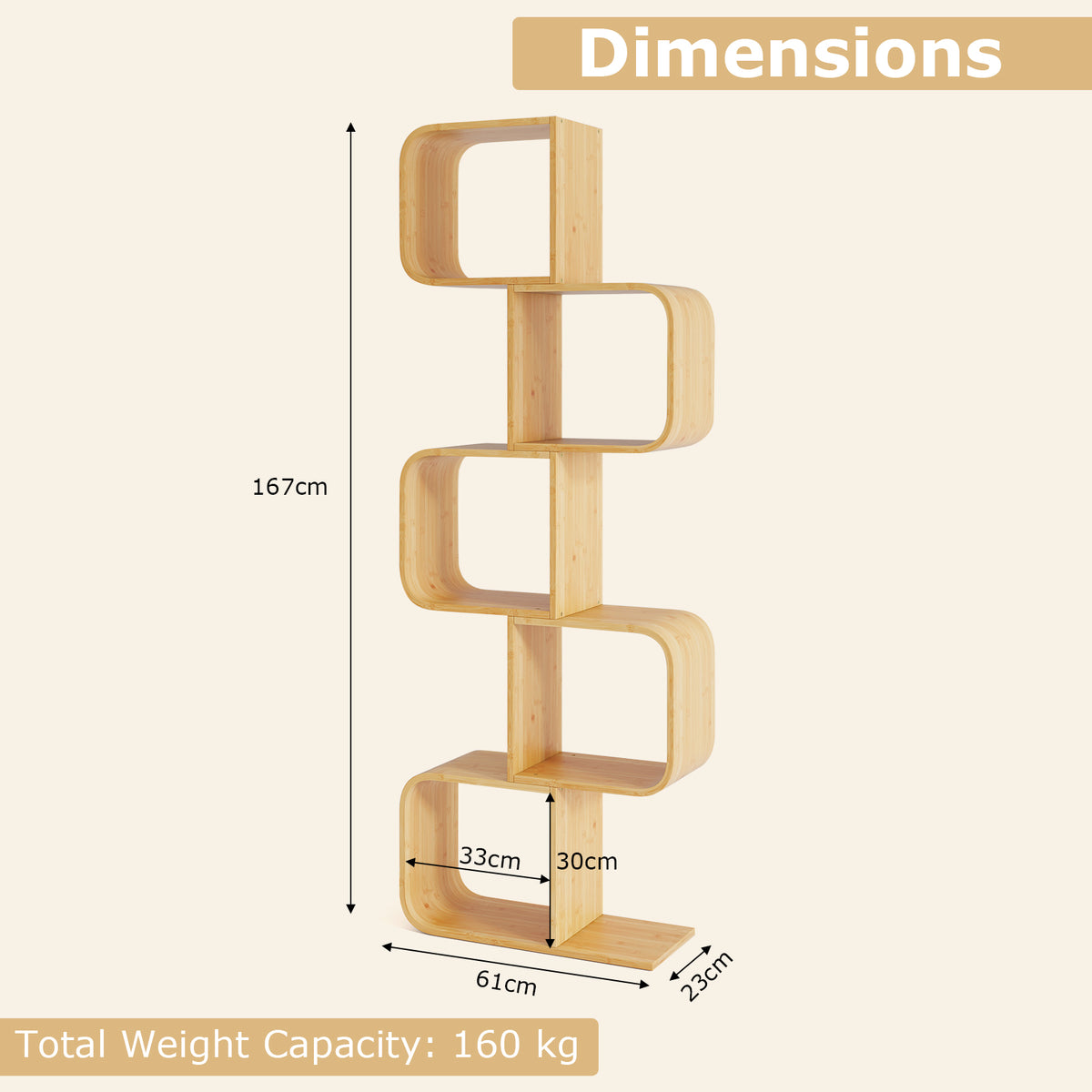 2/3/4/5-Tier S-Shaped Bookcase Bamboo Bookshelf with Open Cubes-5-Tier