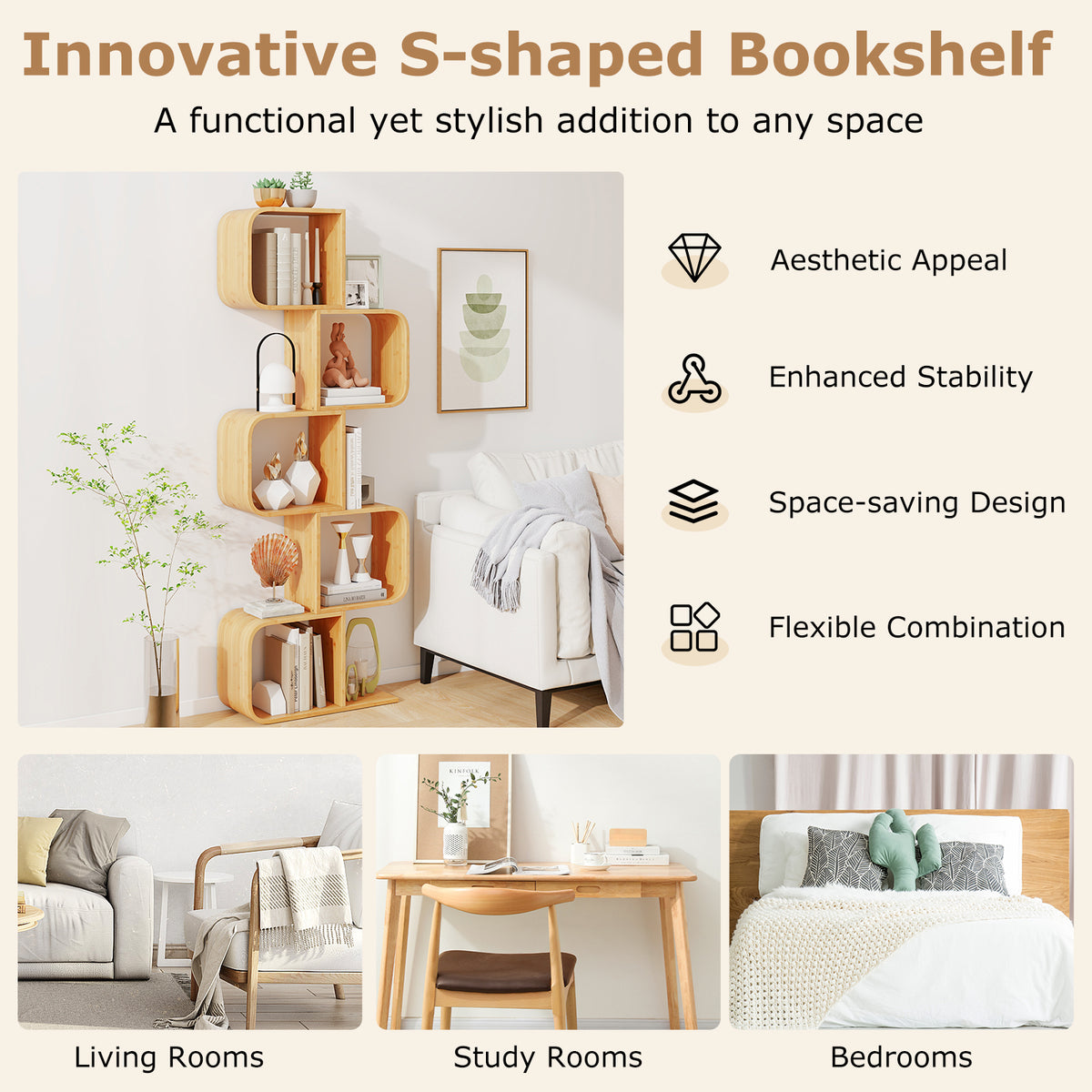 2/3/4/5-Tier S-Shaped Bookcase Bamboo Bookshelf with Open Cubes-5-Tier