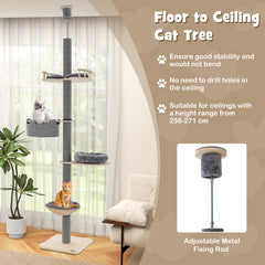 5-Tier Wooden Cat Tower Floor to Ceiling Cat Tree with Adjustable Height-Grey