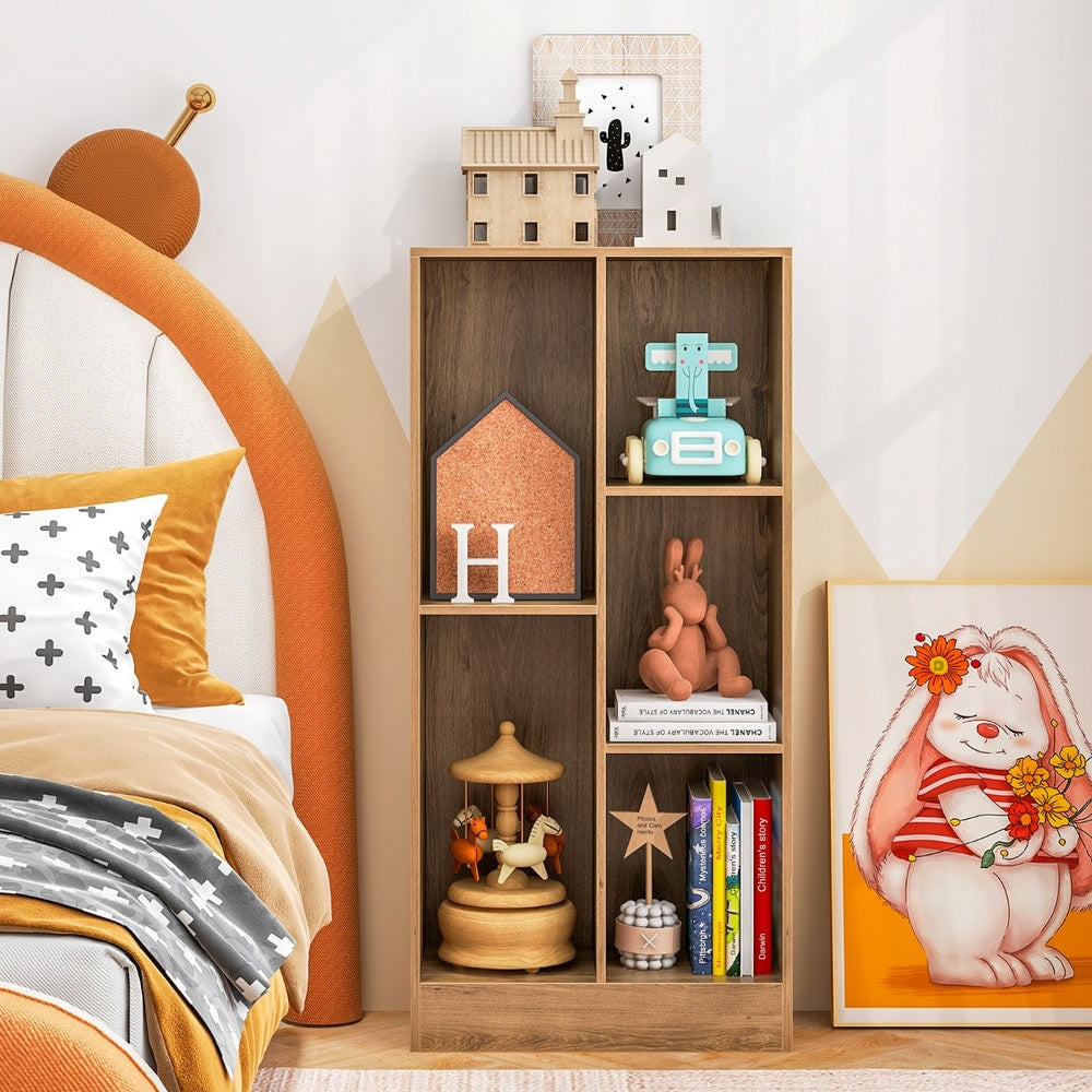 The natural wood effect bookcase in a child's bedroom, filled with toys and books