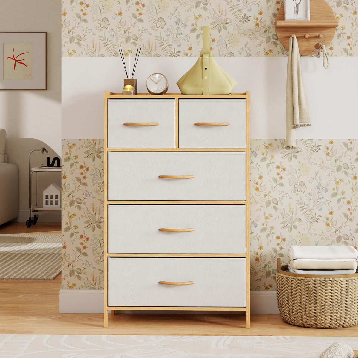 5-Drawer Bamboo Chest of Drawers Vertical Storage Tower-Natural