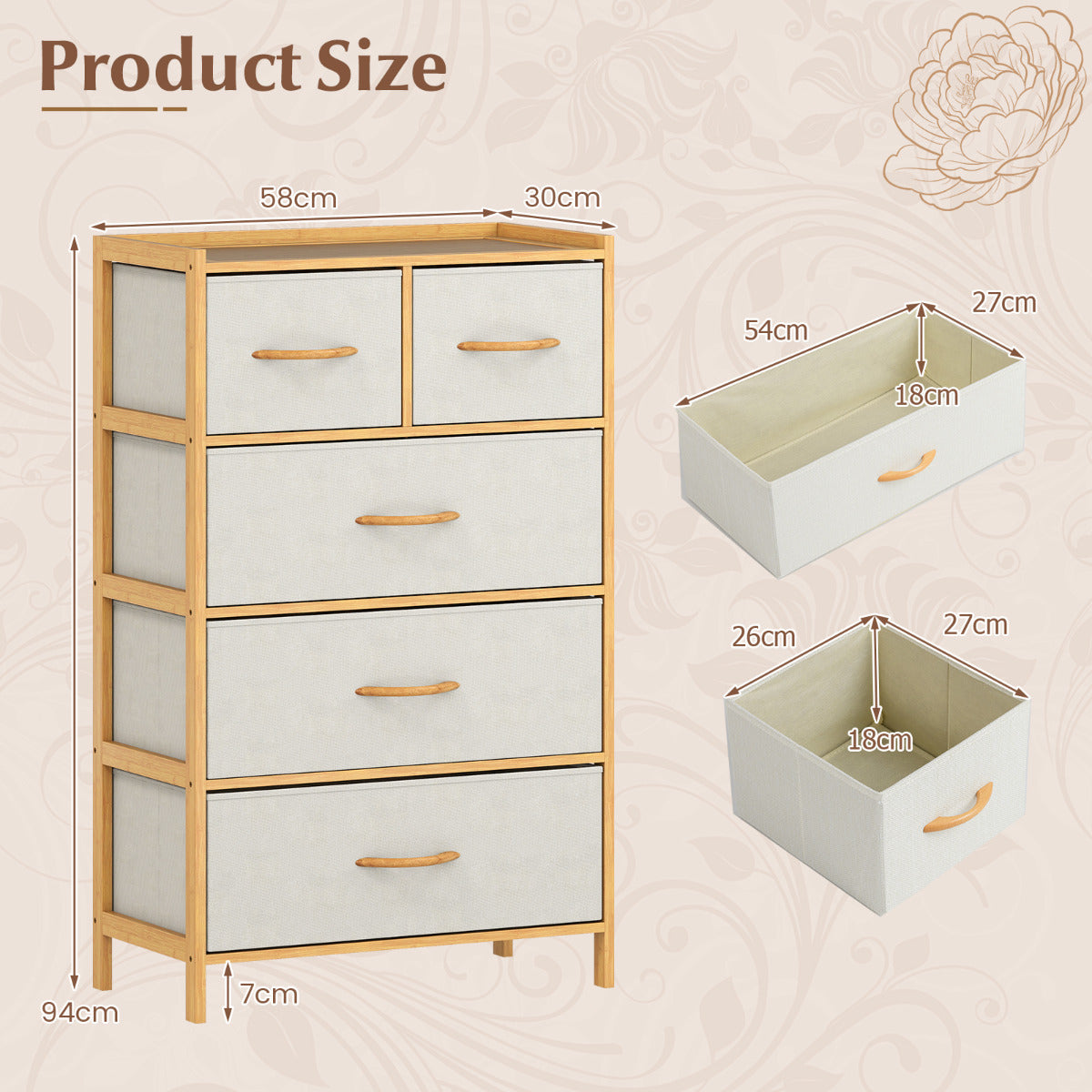 5-Drawer Bamboo Chest of Drawers Vertical Storage Tower-Natural