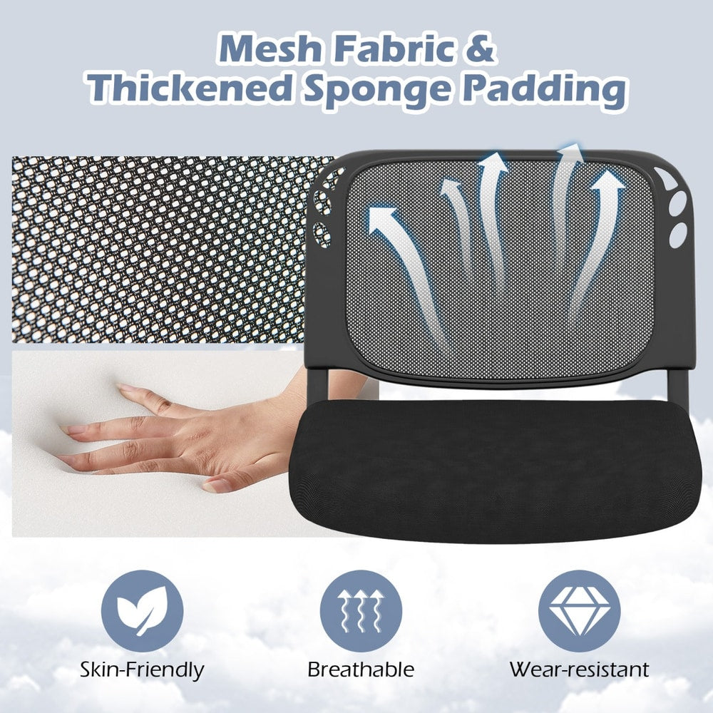 The office chairs highlighting the mesh backrest texture and the soft seat padding