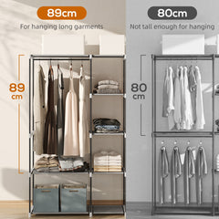 HOMCOM Portable Wardrobe, Open Clothes Wardrobe with 8 Shelves, 3 Hanging Rails, Light Grey