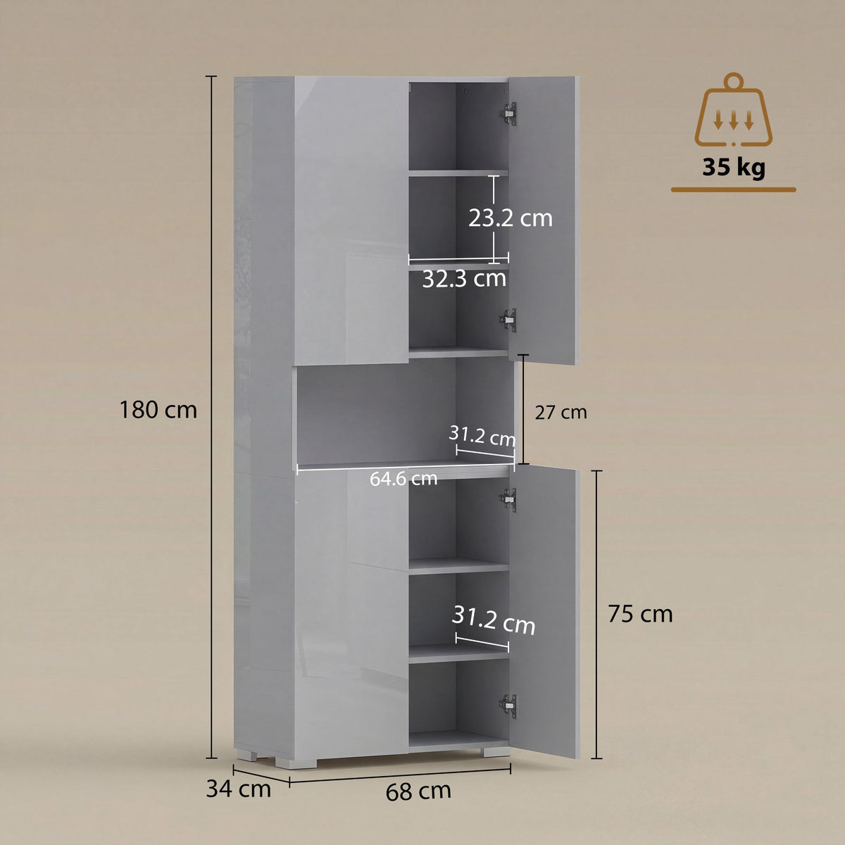 HOMCOM 180 cm Tall Kitchen Cupboard, Pantry Storage Cabinet with Soft Close Doors and Adjustable Shelves, High Gloss Grey