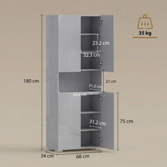HOMCOM 180 cm Tall Kitchen Cupboard, Pantry Storage Cabinet with Soft Close Doors and Adjustable Shelves, High Gloss Grey