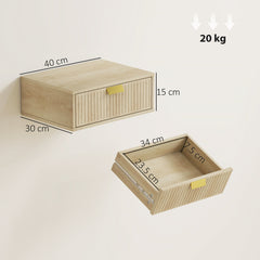 HOMCOM Modern Floating Nightstands Set of 2, Wall Mounted Bedside Tables with Wave Drawer Oak