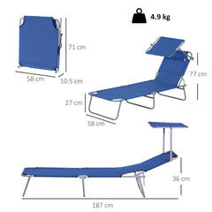Outsunny Single Sun Lounger, with Awning and Reclining Back - Blue