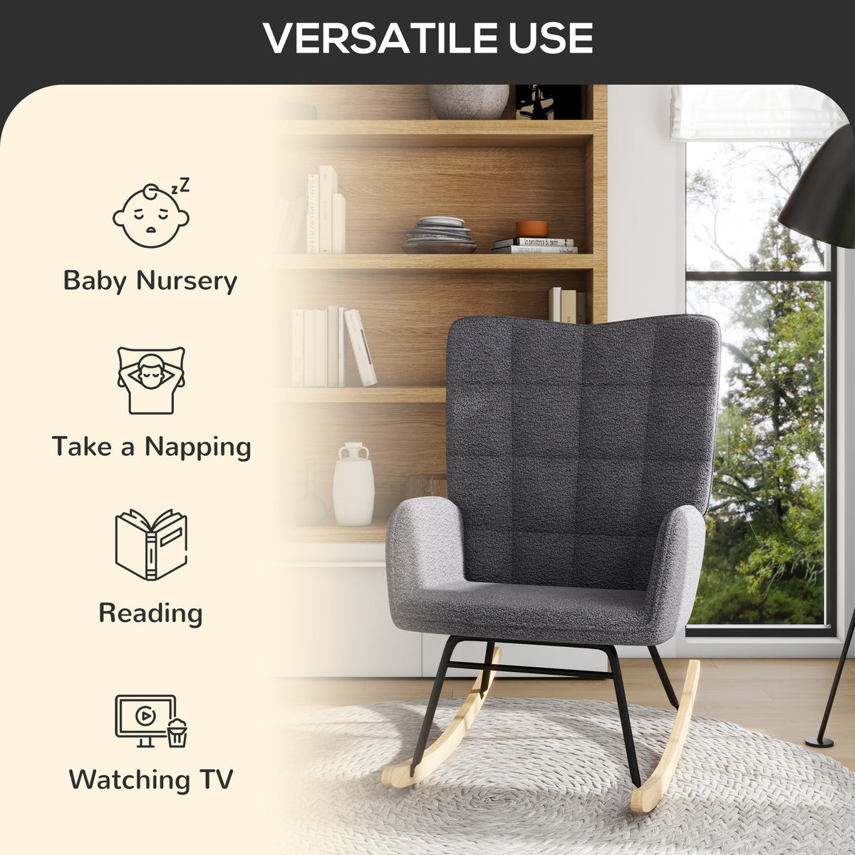 HOMCOM Living Room Furniture Set, Wingback Rocking Chair and Two Nesting Coffee Tables, White and Dark Grey