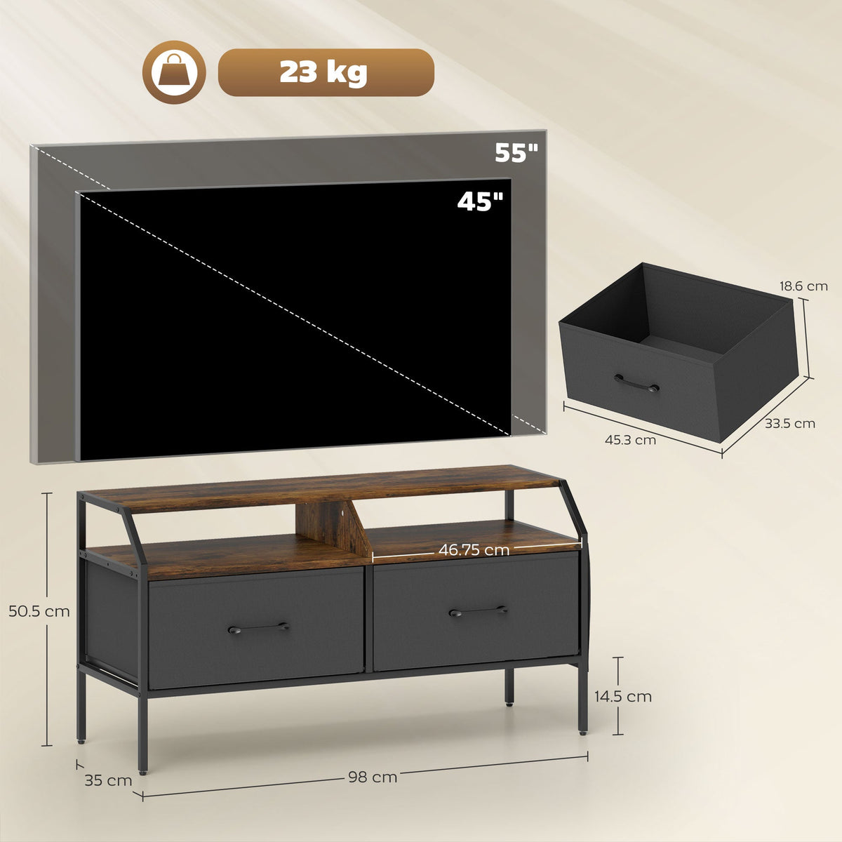 HOMCOM TV Stand Cabinet, TV Unit for 55-inch TVs with 2 Foldable Fabric Drawers, 5 Divided Side Pockets, Open Shelves, Console Table for Living Room, Bedroom, Entertainment Room, Rustic Brown
