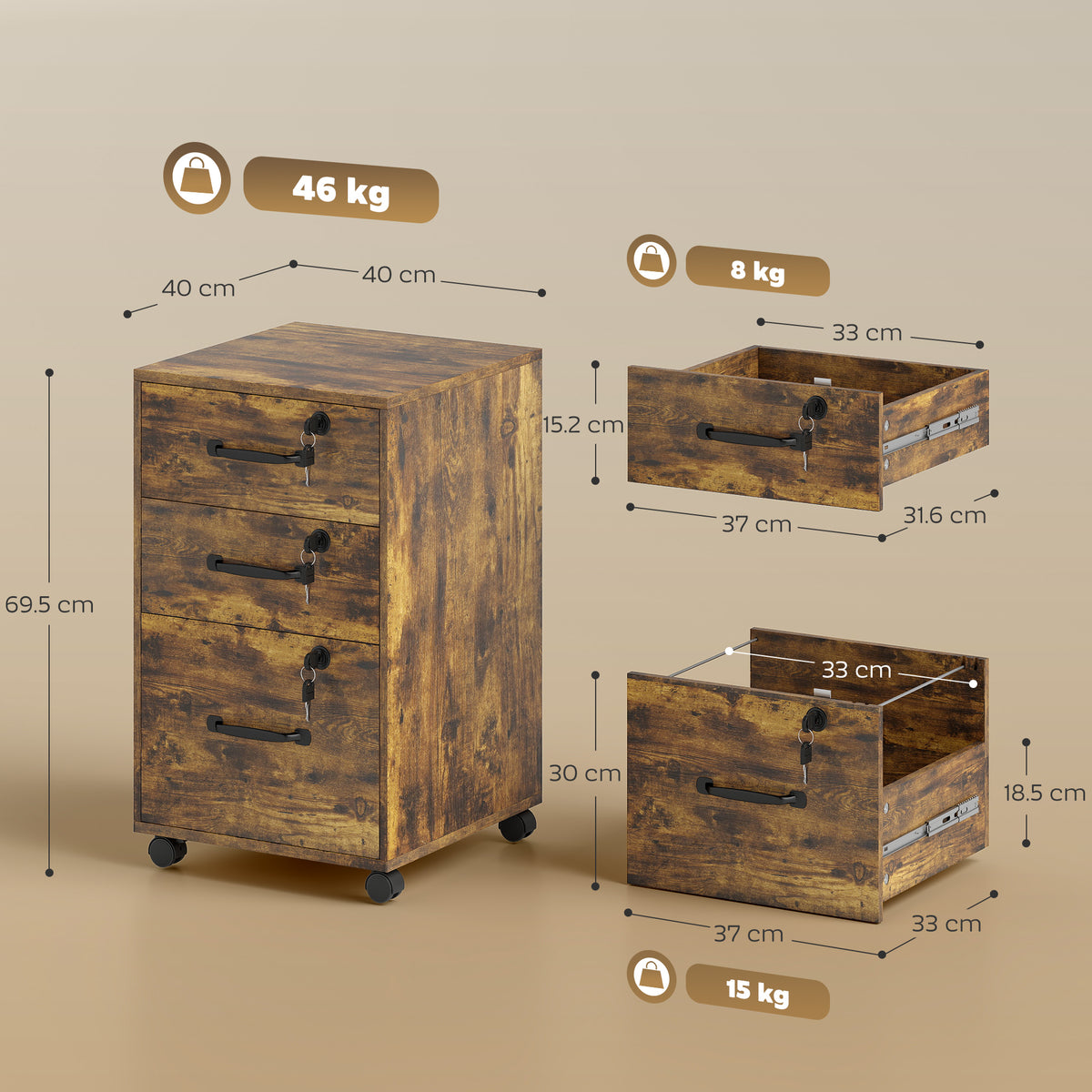 HOMCOM Three Drawer Wood-Effect Filing Cabinet - Rustic Brown