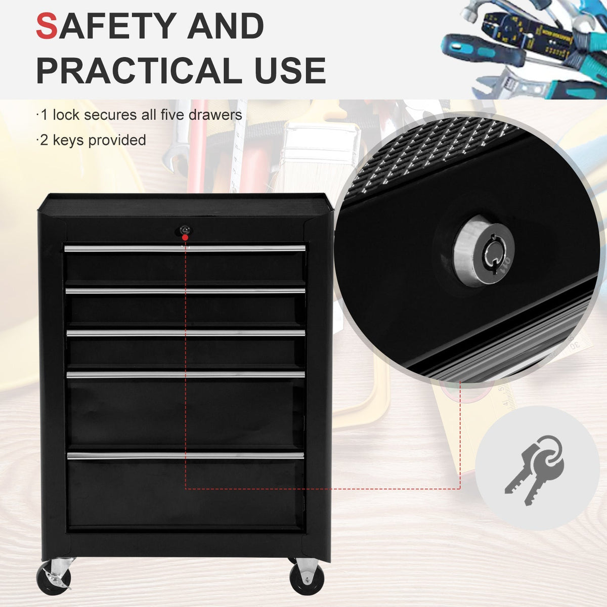 HOMCOM 5-Drawer Tool Box on Wheels, Lockable Tool Storage Cabinet with EVA Pat, Black - product image 4