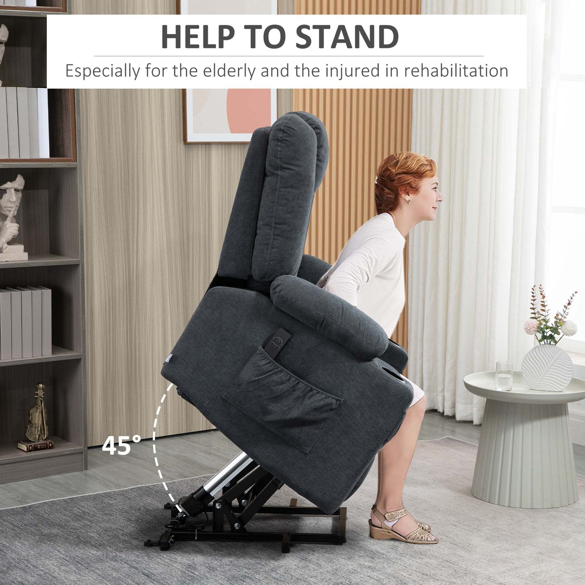 HOMCOM Electric Riser Recliner Armchairi1/4OE Oversized Chair with Cup Holder & Side Pockets for Elderly in Living Room, Charcoal Grey