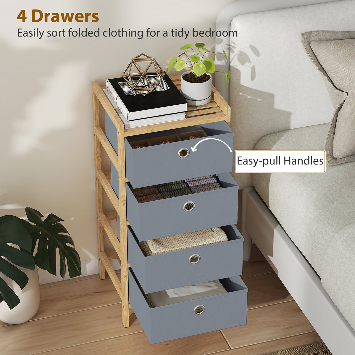 HOMCOM Chest of Drawers, 4 Fabric Drawers Narrow Dresser with Bamboo Frame, Light Grey