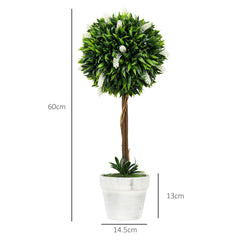 HOMCOM Set of 2 Decorative Artificial Plants Ball Trees with Flower for Home Indoor Outdoor Decor, 60cm,White