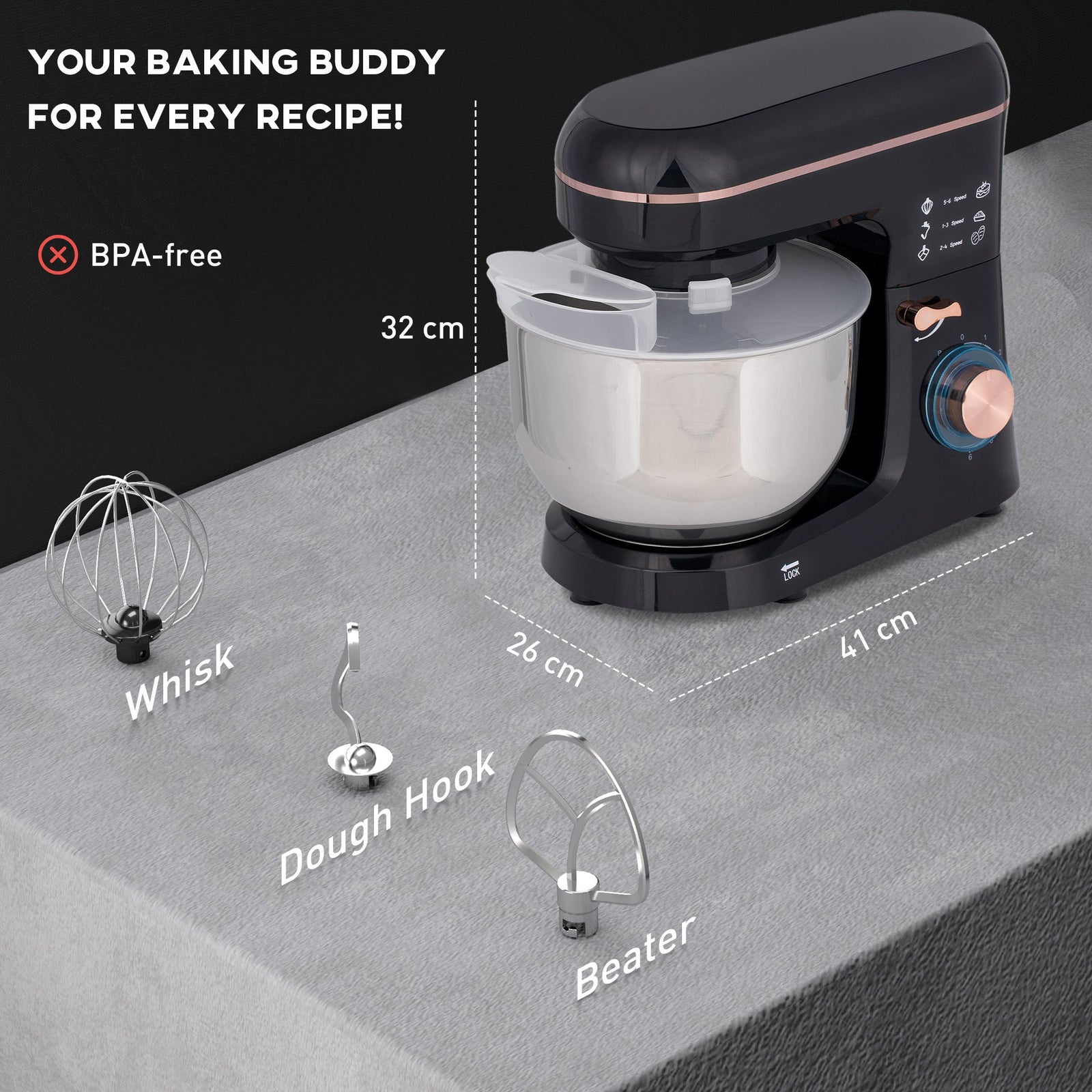 HOMCOM Stand Mixer, 5L Food Mixer for Baking, 6 Speeds and Pulse Setting, 1400W Cake Electric Kitchen Mixer with Dough Hook, Whisk, Stainless Steel Bowl, Splash Guard, Beater, Black