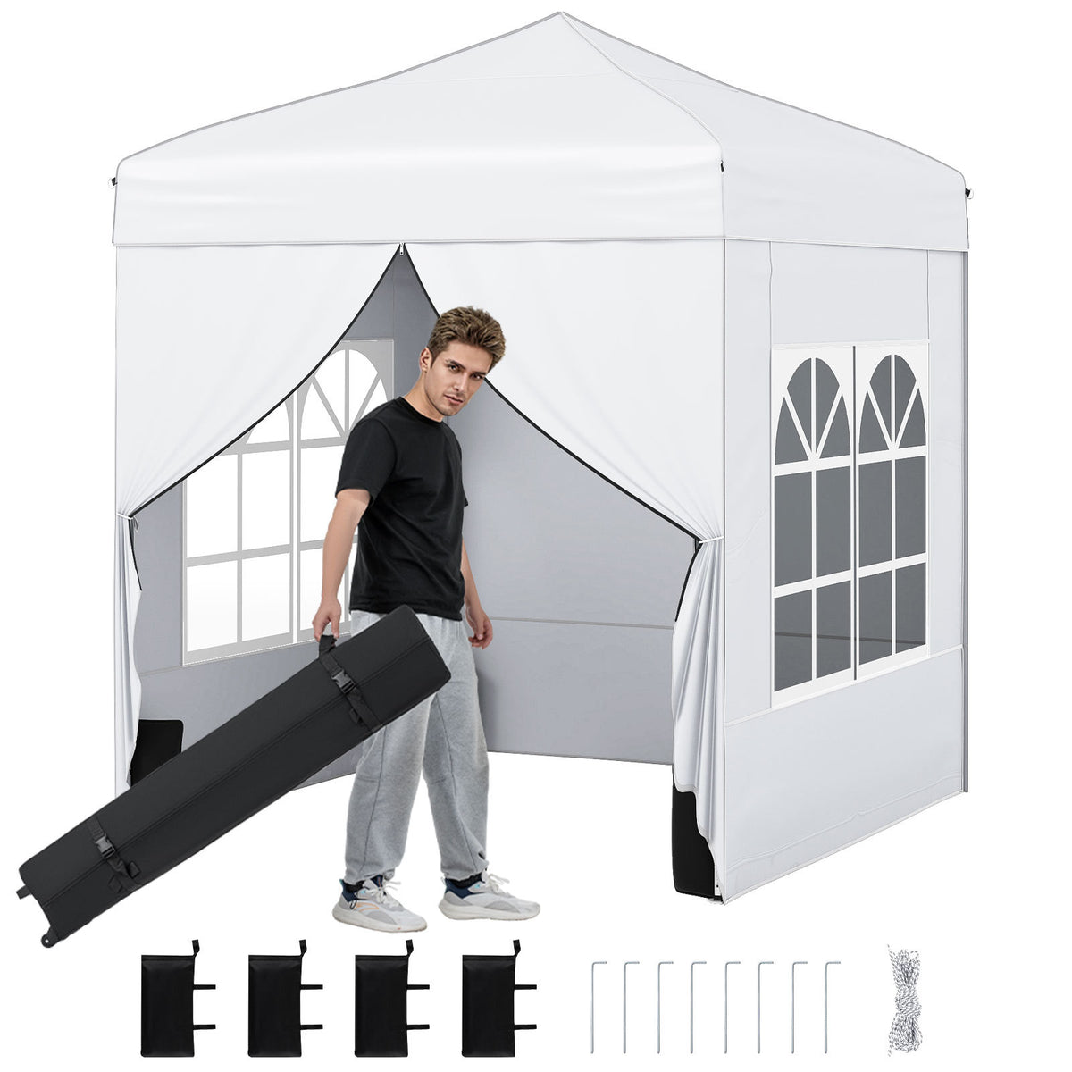 6.5 x 6.5 FT Pop up Canopy Tent Outdoor Patio Commercial Sunshade Shelter with 4 Sidewalls-White