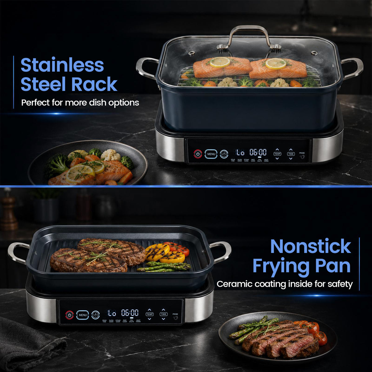 6.5L 6-in-1 Multi Cooker with Sous Vide & Steam Functions and Adjustable Timer Temp