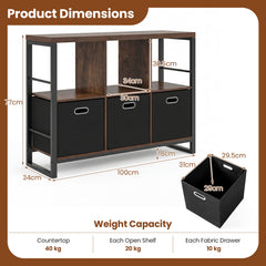 6 Cube Storage Organizer with 3 Storage Bins Sturdy Metal Frame and 3 Open Shelves-Rustic Brown