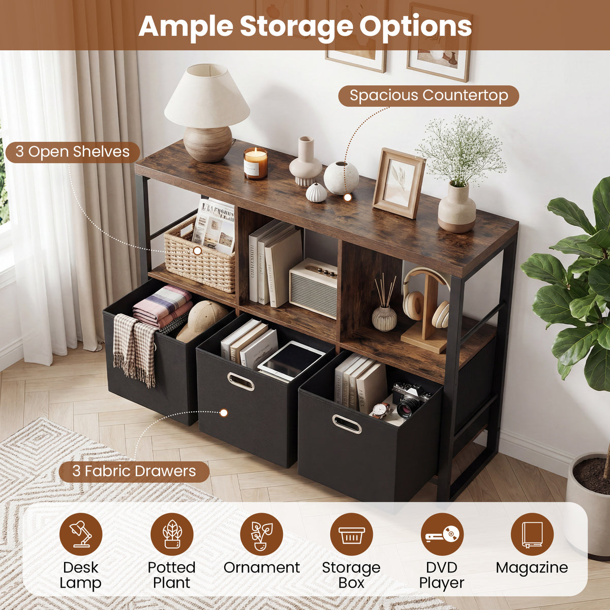 6 Cube Storage Organizer with 3 Storage Bins Sturdy Metal Frame and 3 Open Shelves-Rustic Brown