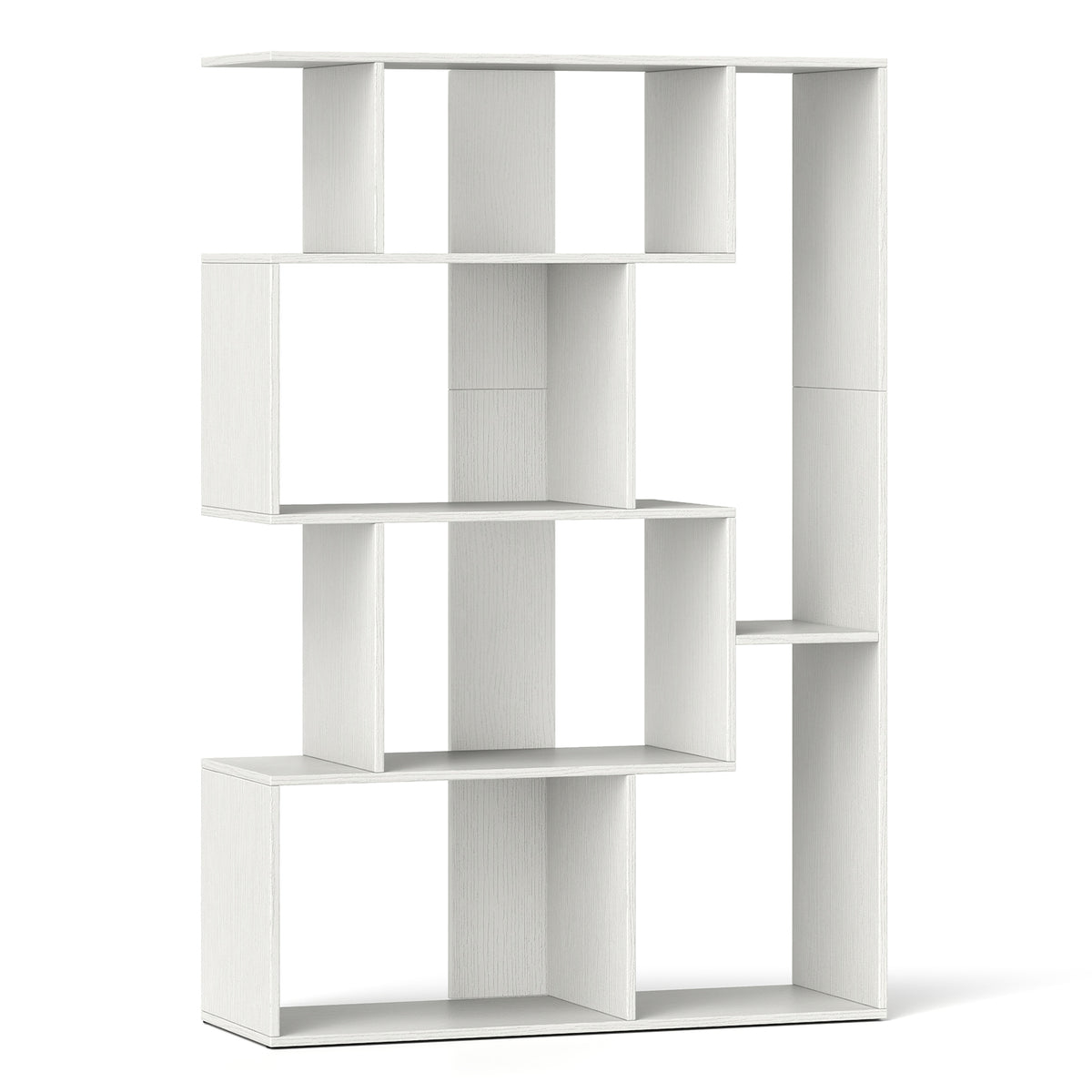 The white geometric bookcase shown empty, highlighting its open cube structure