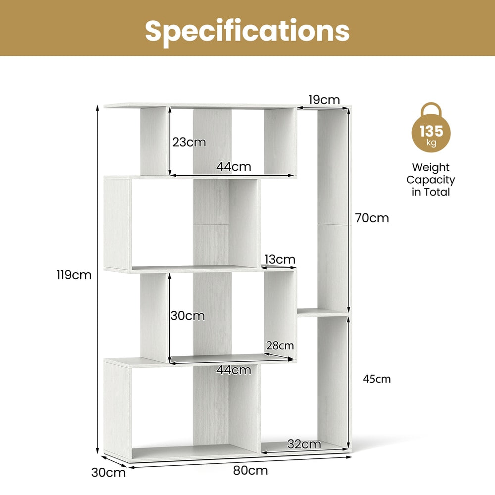 A diagram showing the dimensions of the white geometric bookcase and its weight capacity