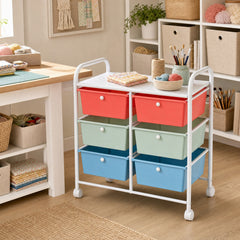 6-Drawer Rolling Storage Cart with 4 Universal Wheels and Metal Frame Spacious Tabletop-Multicolor